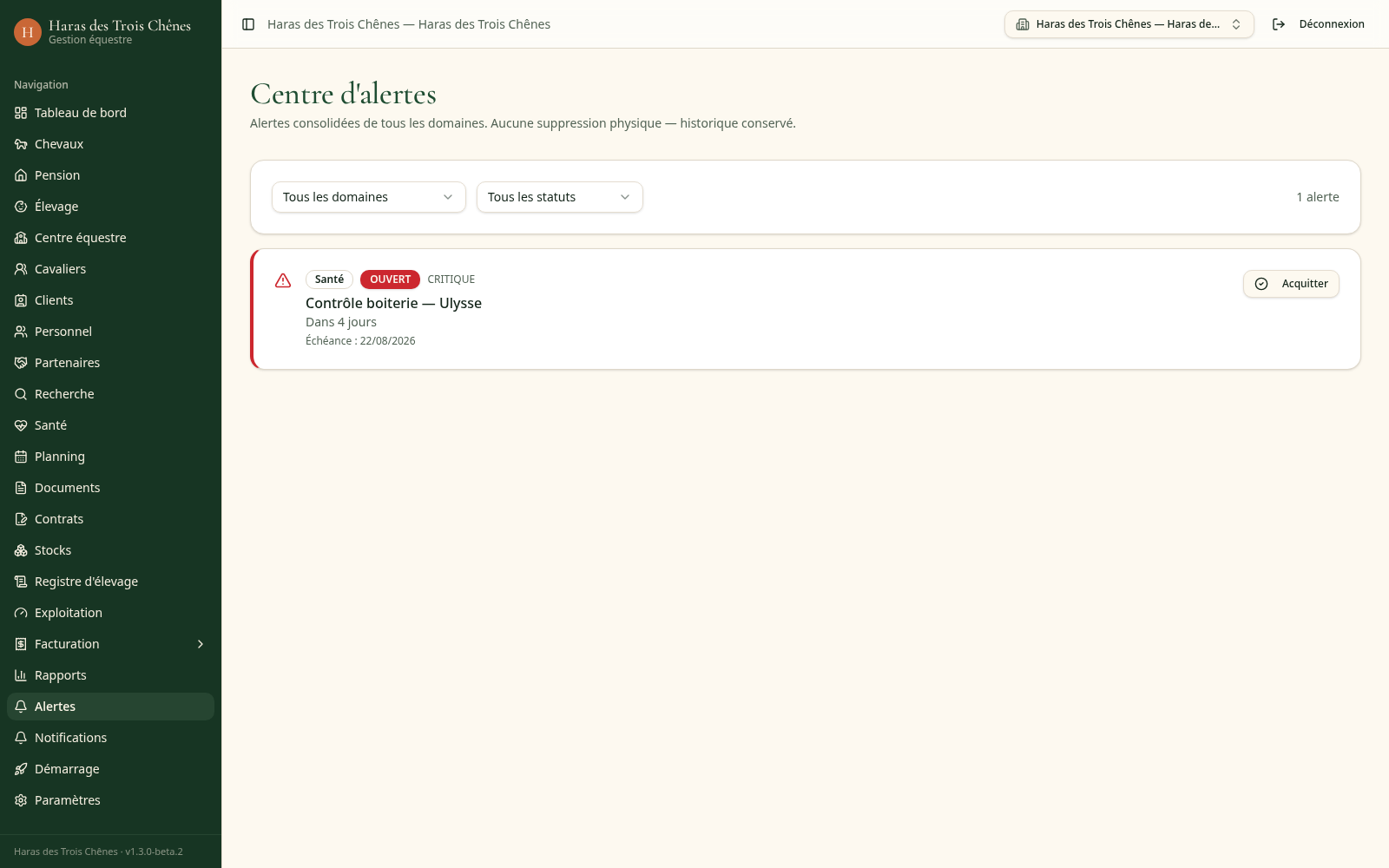 Liste des alertes Haras Zen triées par criticité