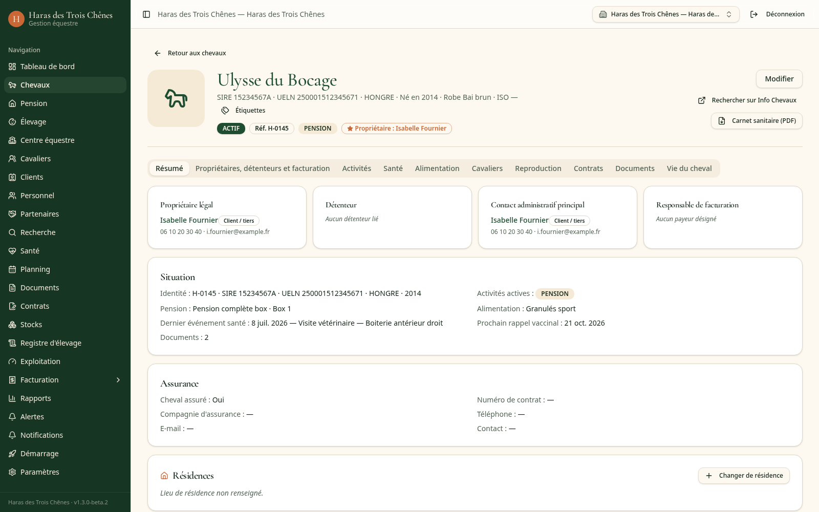 Fiche d'un cheval avec ses onglets et le résumé d'identification