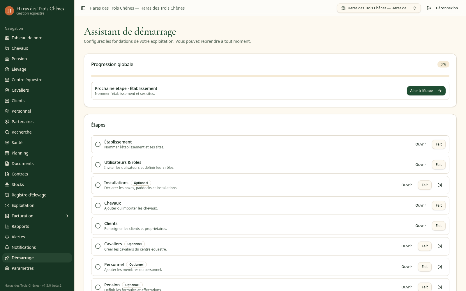 Écran de démarrage de Haras Zen listant les étapes de configuration