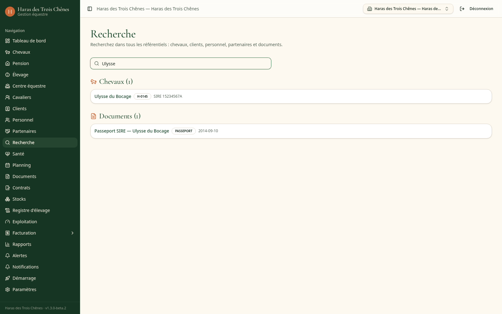 Page de recherche globale avec résultats groupés par type