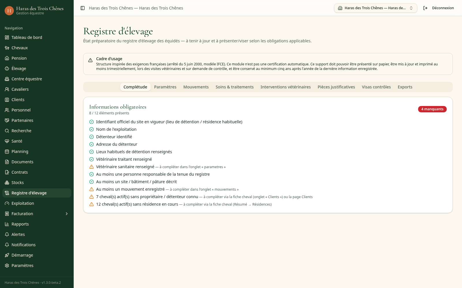 Écran du registre d'élevage avec taux de complétude et éléments manquants